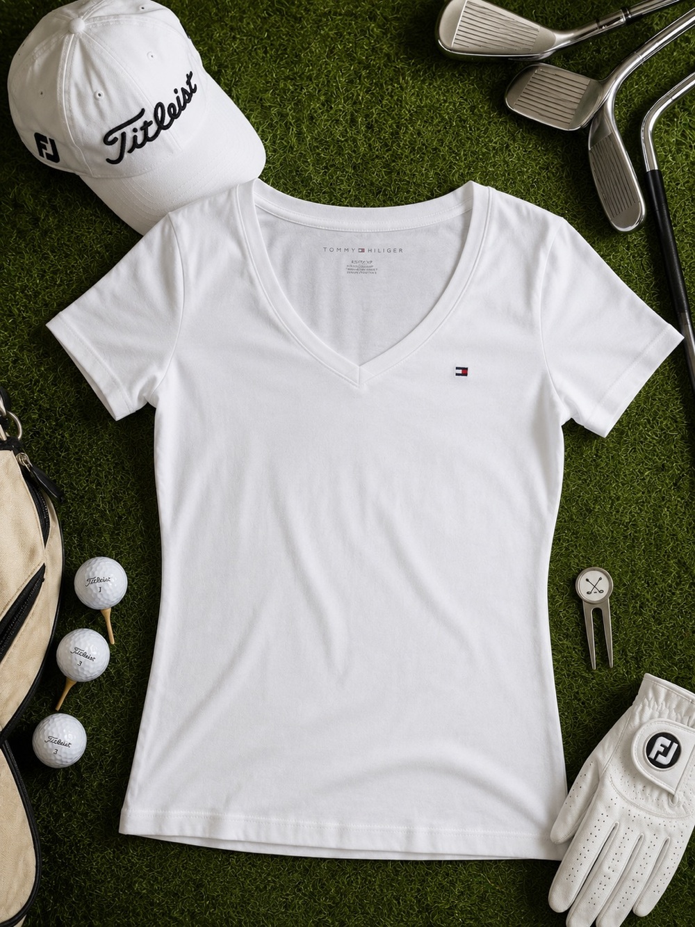Tommy Hilfiger Women’s White V-Neck Tee with Flag Logo